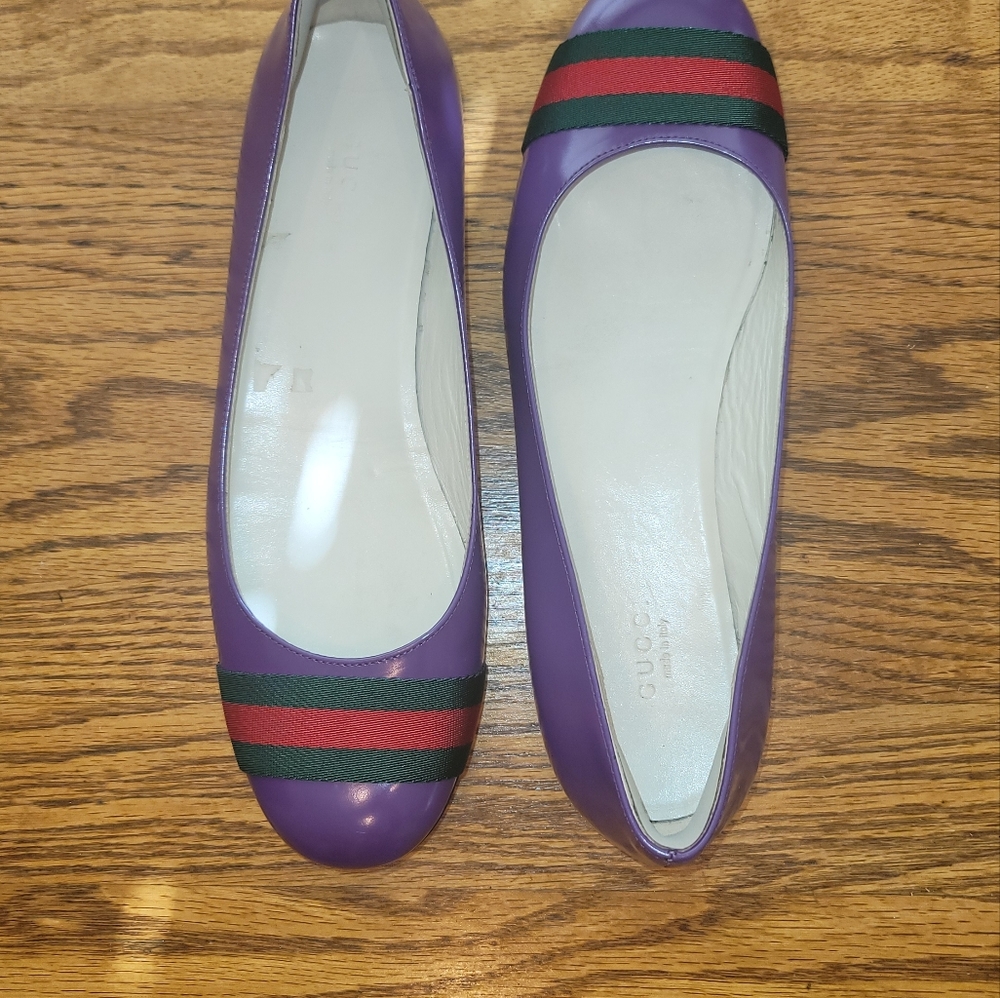 Gucci Purple Patent Leather Green Red Web Flats Loafers Shoes